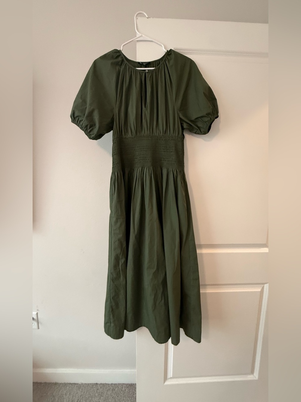 J.Crew Olive Green Smocked Waist Poplin Midi Dress Puff Sleeve🧡 - Picture 8 of 11